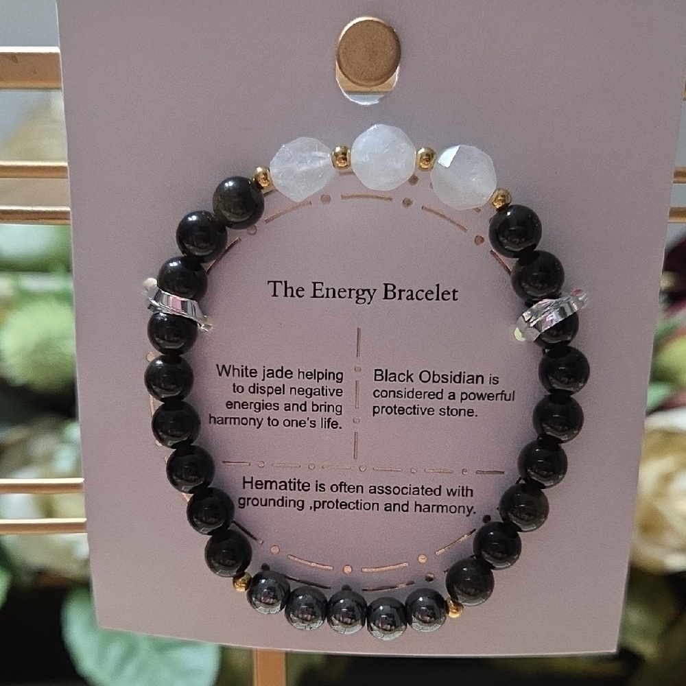 Energy Bracelet with Obsidien, White Jade and Hematite Beads